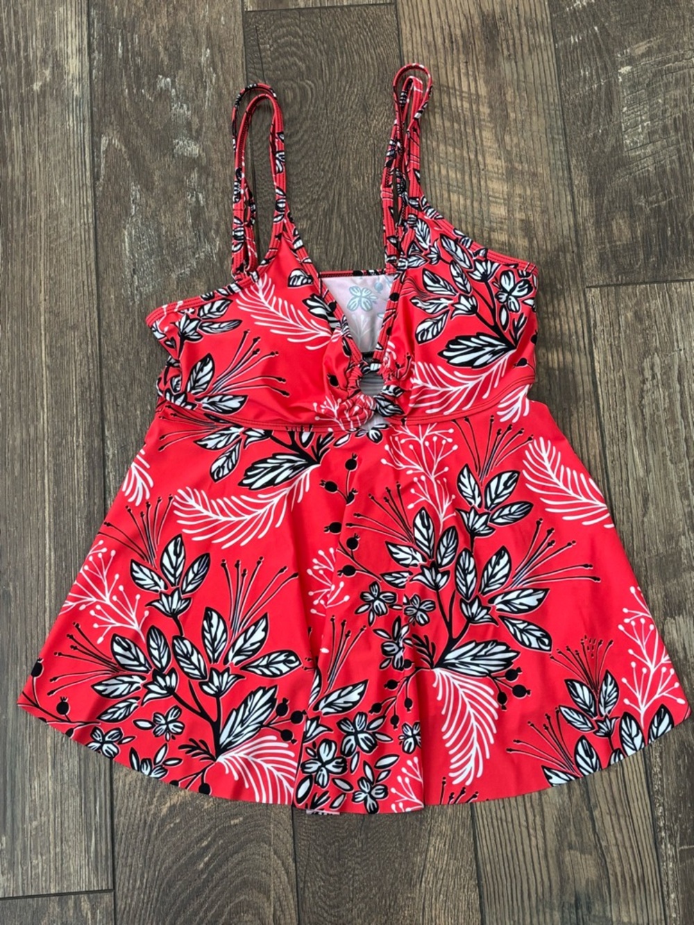 Red, Black, White Floral V-Neck Swim Tankini with Adjustable Straps